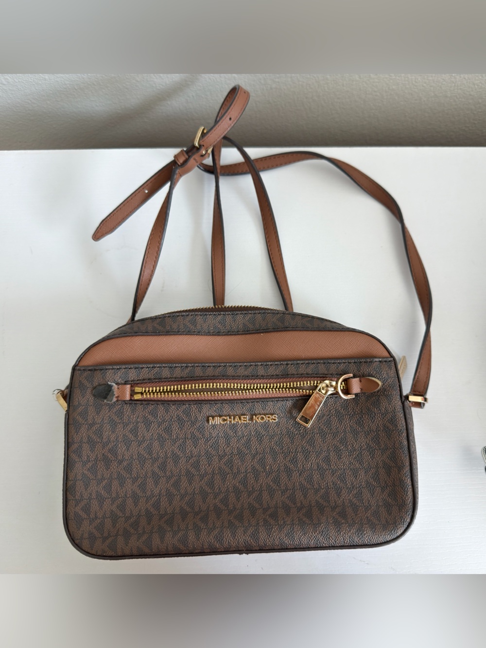 Michael Kors Brown Monogram Crossbody with Gold Trim